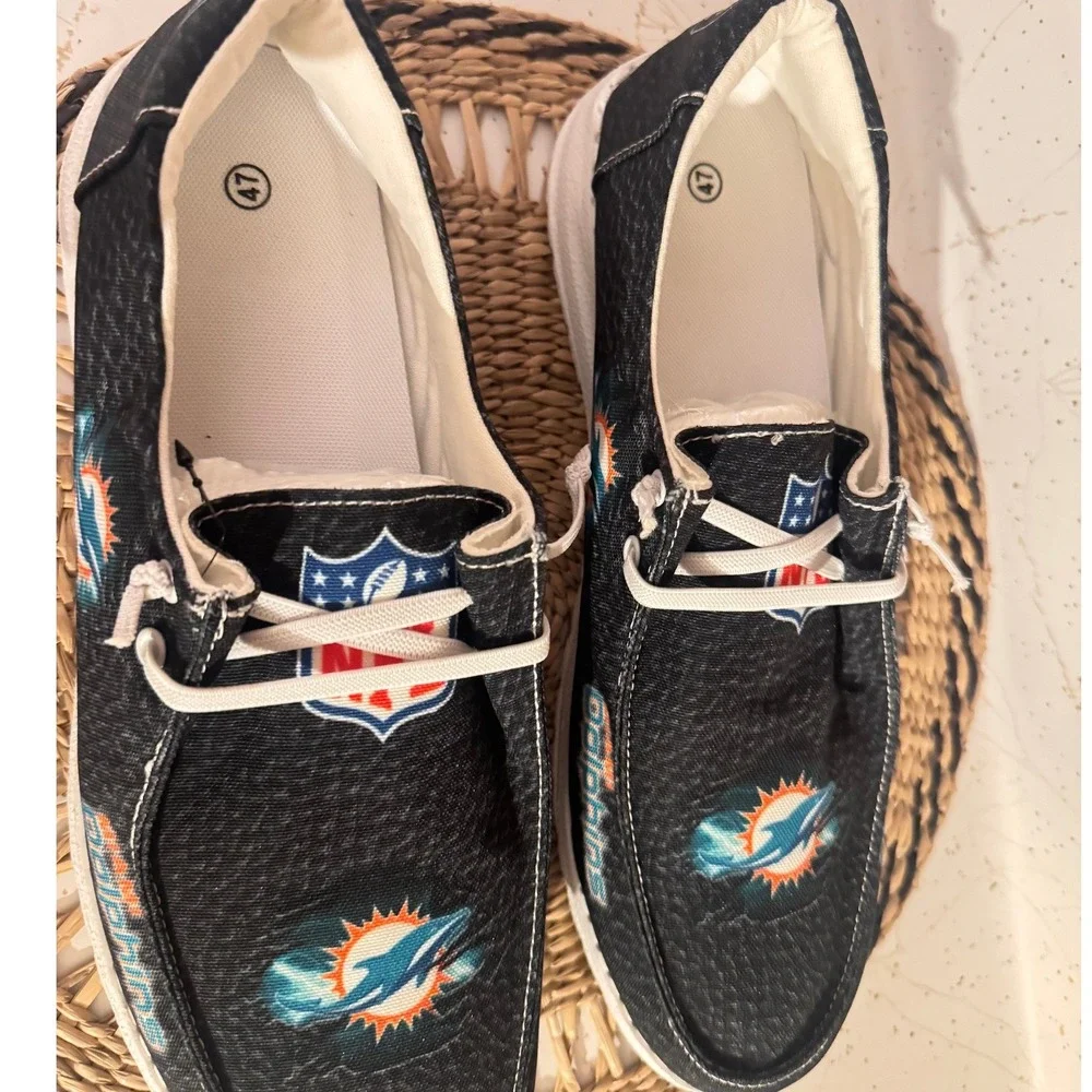 Miami Dolphins Slip On Loafers Mens Size 47 Black Canvas Casual Shoes New